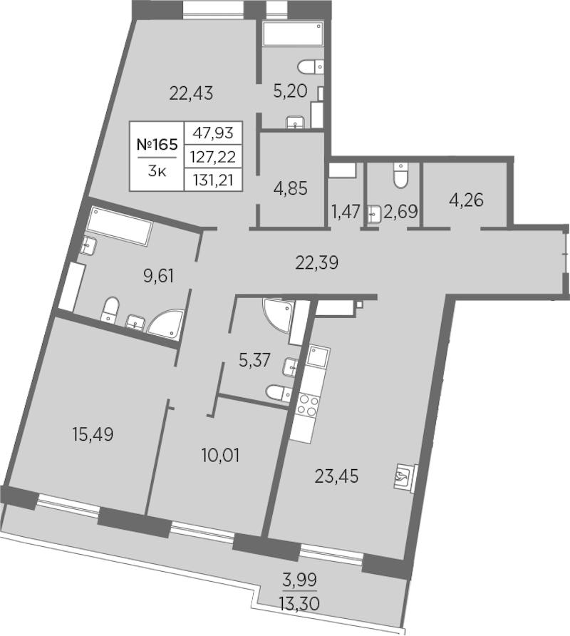 3-комнатная квартира 131.21 м², 7/7 эт., ЖК «Северная Корона»